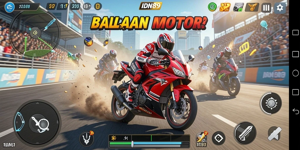 Screenshot gameplay IDN89 menampilkan aksi balapan motor yang mendebarkan.